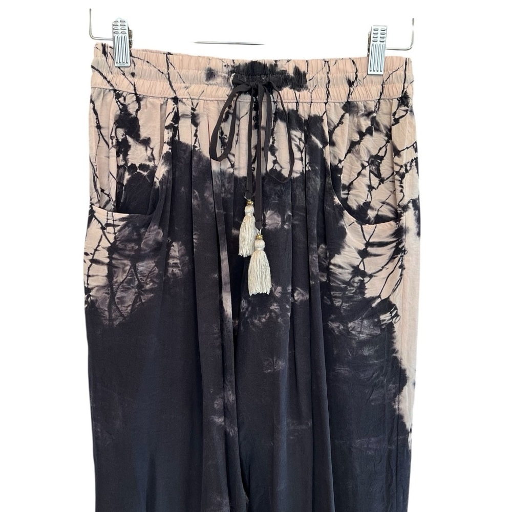 Gypsy 05 Silk Tie Dye Elastic Waist Pull On Pants Black Cream Small Boho Casual - Picture 4 of 6